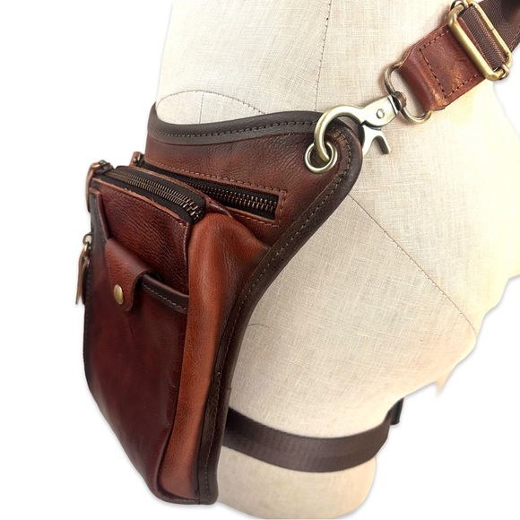 Genuine Leather Tactical Leg Bag Pouch Messenger Hip Bumbag Waist Pack NWOT - Picture 2 of 13